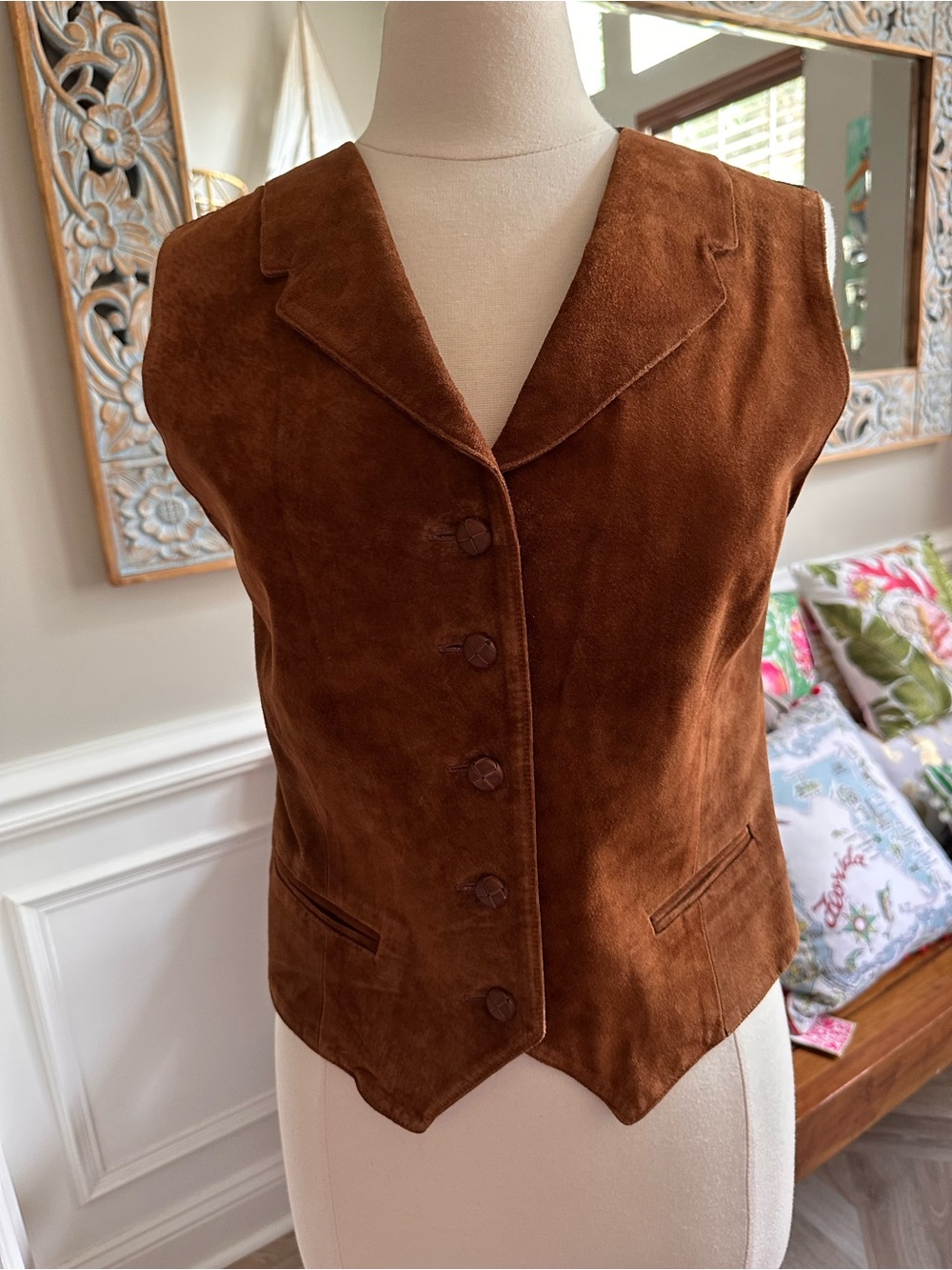 Bergdorf Goodman Brown Genuine Suede Leather Button-Front Vest